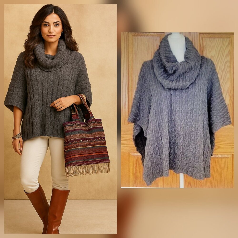 Dylan Boho Chunky Cable Knit Turtleneck Sweater Poncho Shrug Cape Hooded Gray